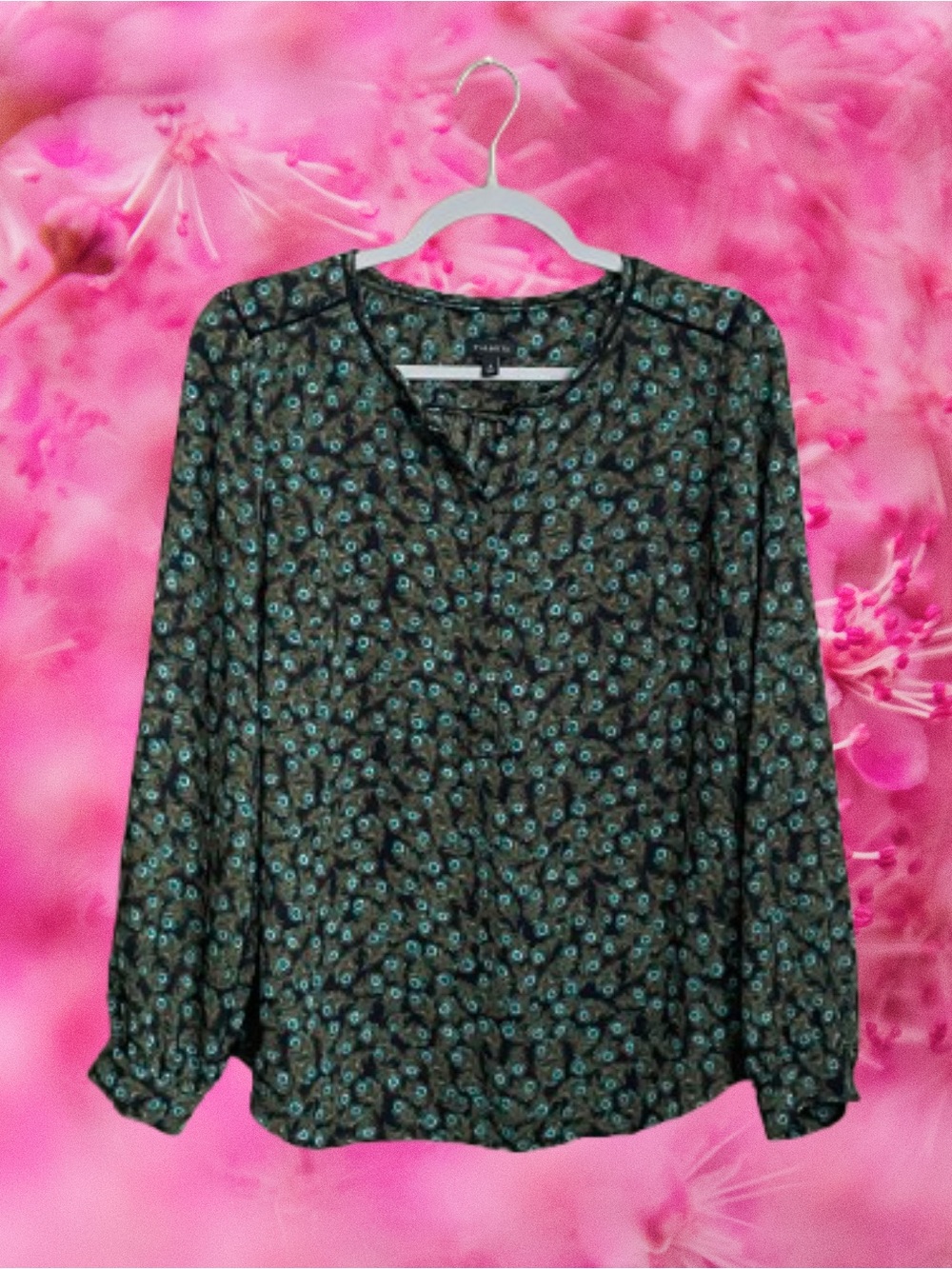 Talbots peacock feather print popover blouse top w/ lattice details sz Small
